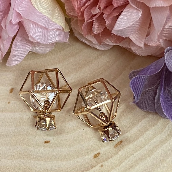 Geometric Double Stud Crystal Diamond Earrings - Picture 5 of 8